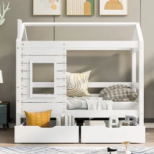 Cabinebed 80 x 160 cm met 2 laden – massief grenenhout – lattenbodem en rails – wit Cabinebed 80 x 160 cm met 2 laden – massief grenenhout – lattenbodem en rails – wit