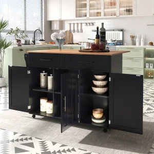 Centraal eiland op wielen – 129 x 46/71 x 91,5 cm – opklapbaar bovenblad – met 3 deuren + 2 laden – MDF – zwart