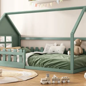 Cabinebed 90 x 200 cm, kinderbed met raam, grenenhout, lattenbodem, Groen Cabinebed 90 x 200 cm, kinderbed met raam, grenenhout, lattenbodem, Groen