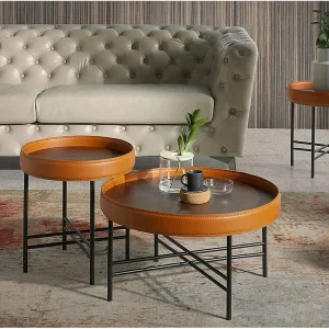 Ronde salontafel in kunstleer, walnoot en zwart staal 2058 ANGEL CERDA