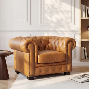 Chesterfield fauteuil BRENTON 100% buffelleer – Vintage caramel – Koop nu eenvoudig online Chesterfield fauteuil BRENTON 100% buffelleer – Vintage caramel – Koop nu eenvoudig online