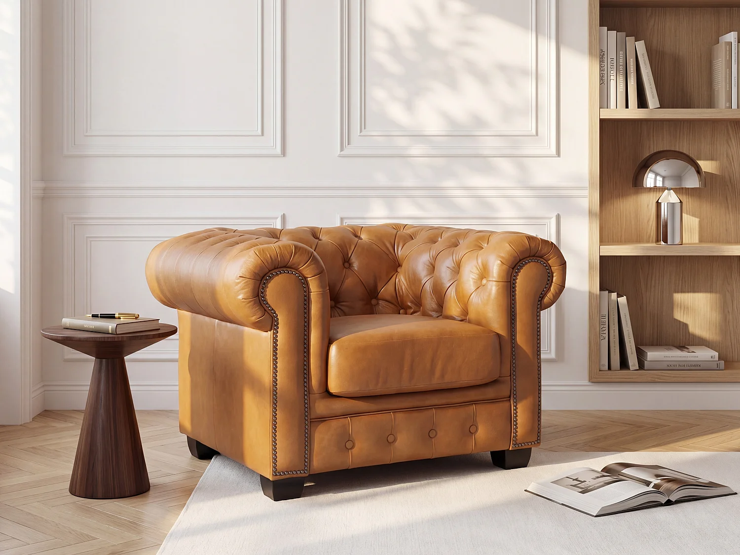 Chesterfield fauteuil BRENTON 100% buffelleer - Vintage caramel - Koop nu eenvoudig online