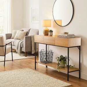 Console met 3 lades en 1 onderste plank, decor van hout en zwart metaal, L120 cm – TESSA Console met 3 lades en 1 onderste plank, decor van hout en zwart metaal, L120 cm – TESSA