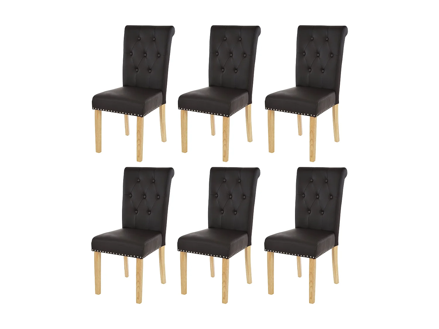 Chesterfield II eetkamerstoel (set van 6), kunstleer, koffie, lichtgekleurde poten