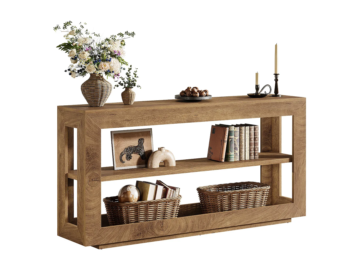 Consoletafel van 160 cm, haltafel in landelijke stijl met opbergplank met 3 niveaus voor de hal.