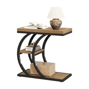 C-vormige bijzettafel, smalle houten nachtkastje met 3 niveaus, kleine salontafel voor naast de bank C-vormige bijzettafel, smalle houten nachtkastje met 3 niveaus, kleine salontafel voor naast de bank