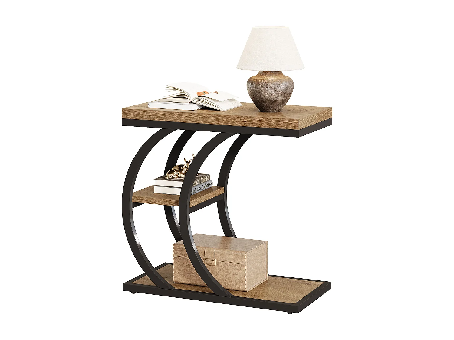 C-vormige bijzettafel, smalle houten nachtkastje met 3 niveaus, kleine salontafel voor naast de bank