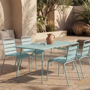 Tuineetset MIRMANDE in metaal: tafel L160cm met 4 opstapelbare stoelen – Amandelgroen Tuineetset MIRMANDE in metaal: tafel L160cm met 4 opstapelbare stoelen – Amandelgroen