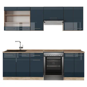 Complete keukeneenheid donkerblauw hoogglans/gouden eik 240x60x81.6 fame-line Complete keukeneenheid donkerblauw hoogglans/gouden eik 240x60x81.6 fame-line