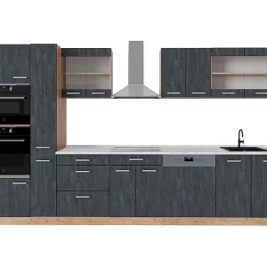 Complete keuken zwart beton/goud eiken 350x60x81.6 r-line Complete keuken zwart beton/goud eiken 350x60x81.6 r-line