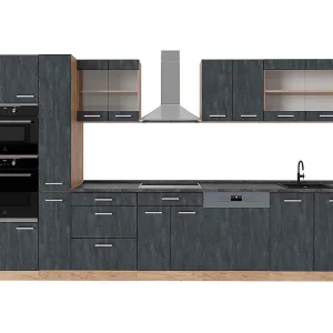 Complete keuken zwart beton/goud eiken 350x60x81.6 r-line Complete keuken zwart beton/goud eiken 350x60x81.6 r-line