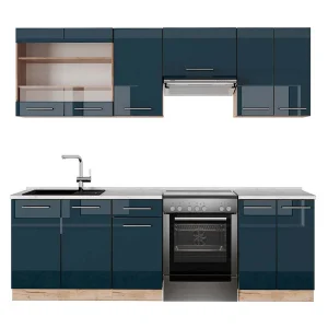 Complete keukeneenheid donkerblauw hoogglans/gouden eik 240x60x81.6 fame-line Complete keukeneenheid donkerblauw hoogglans/gouden eik 240x60x81.6 fame-line