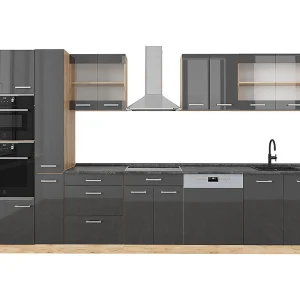 Complete keukeneenheid antraciet hoogglans/goud eiken 350x60x81.6 r-line Complete keukeneenheid antraciet hoogglans/goud eiken 350x60x81.6 r-line