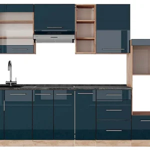 Complete keukeneenheid donkerblauw hoogglans/gouden eik 280x60x81.6 fame-line Complete keukeneenheid donkerblauw hoogglans/gouden eik 280x60x81.6 fame-line