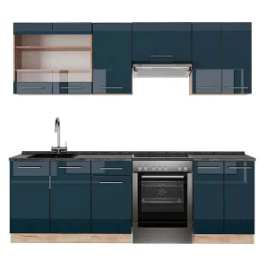 Complete keukeneenheid donkerblauw hoogglans/gouden eik 240x60x81.6 fame-line Complete keukeneenheid donkerblauw hoogglans/gouden eik 240x60x81.6 fame-line