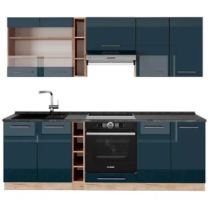 Complete keukeneenheid donkerblauw hoogglans/gouden eik 235x60x81.6 fame-line Complete keukeneenheid donkerblauw hoogglans/gouden eik 235x60x81.6 fame-line