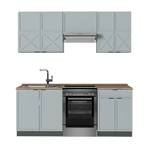 Complete keukeneenheid licht blauw-grijs/antraciet 200x60x81.6 fame-line Complete keukeneenheid licht blauw-grijs/antraciet 200x60x81.6 fame-line