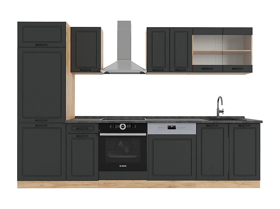 Complete keukeneenheid antraciet landhuis/gouden eik 300x60x81.6 r-line