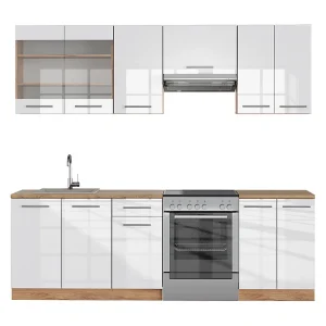 Complete keukeneenheid wit hoogglans/goud power eiken 240x46x81.6 fame-line Complete keukeneenheid wit hoogglans/goud power eiken 240x46x81.6 fame-line