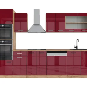 Complete keukeneenheid rood hoogglans/gouden eik 300x46x81.6 r-line Complete keukeneenheid rood hoogglans/gouden eik 300x46x81.6 r-line