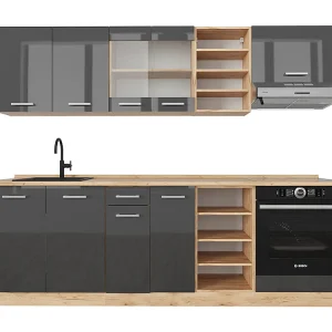 Complete keukeneenheid antraciet hoogglans/goud eiken 240x46x81.6 r-line Complete keukeneenheid antraciet hoogglans/goud eiken 240x46x81.6 r-line