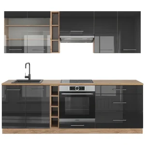 Complete keukeneenheid antraciet hoogglans/goud eiken 235x46x81.6 fame-line Complete keukeneenheid antraciet hoogglans/goud eiken 235x46x81.6 fame-line