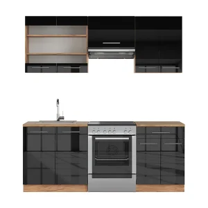 Complete keukeneenheid antraciet hoogglans/goud eiken 200x46x81.6 fame-line Complete keukeneenheid antraciet hoogglans/goud eiken 200x46x81.6 fame-line
