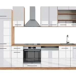 Complete keukeneenheid wit hoogglans/goud power eiken 300x46x81.6 fame-line Complete keukeneenheid wit hoogglans/goud power eiken 300x46x81.6 fame-line