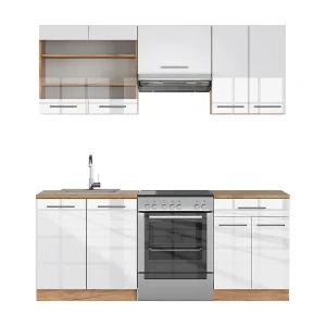 Complete keukeneenheid wit hoogglans/goud power eiken 200x46x81.6 fame-line Complete keukeneenheid wit hoogglans/goud power eiken 200x46x81.6 fame-line