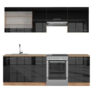 Complete keukeneenheid antraciet hoogglans/goud eiken 240x46x81.6 fame-line Complete keukeneenheid antraciet hoogglans/goud eiken 240x46x81.6 fame-line