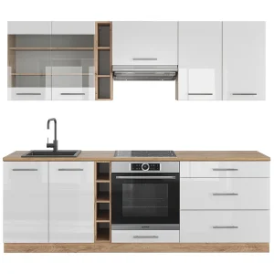 Complete keukeneenheid wit hoogglans/goud power eiken 235x46x81.6 fame-line Complete keukeneenheid wit hoogglans/goud power eiken 235x46x81.6 fame-line