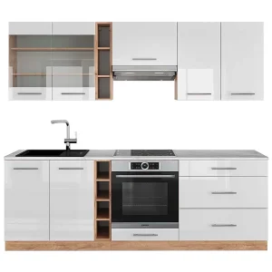 Complete keukeneenheid wit hoogglans/goud power eiken 235x60x81.6 fame-line Complete keukeneenheid wit hoogglans/goud power eiken 235x60x81.6 fame-line