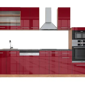 Complete keukeneenheid bordeaux hoogglans/gouden eik 300x60x81.6 fame-line