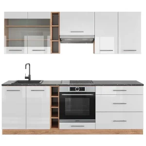 Complete keukeneenheid wit hoogglans/goud power eiken 235x60x81.6 fame-line Complete keukeneenheid wit hoogglans/goud power eiken 235x60x81.6 fame-line