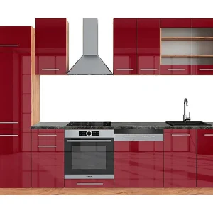 Complete keukeneenheid bordeaux hoogglans/gouden eik 300x60x81.6 fame-line