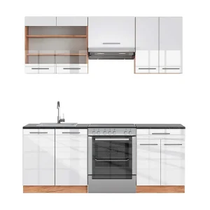 Complete keukeneenheid wit hoogglans/goud power eiken 200x60x81.6 fame-line Complete keukeneenheid wit hoogglans/goud power eiken 200x60x81.6 fame-line
