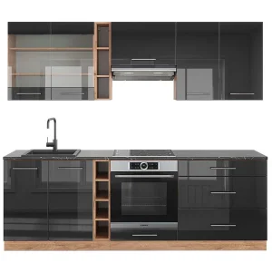 Complete keukeneenheid antraciet hoogglans/goud eiken 235x60x81.6 fame-line Complete keukeneenheid antraciet hoogglans/goud eiken 235x60x81.6 fame-line