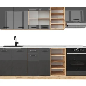 Complete keukeneenheid antraciet hoogglans/goud eiken 240x60x81.6 r-line