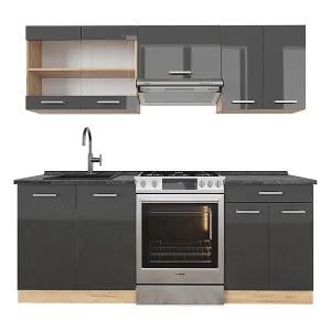 Complete keukeneenheid antraciet hoogglans/goud eiken 200x60x81.6 r-line Complete keukeneenheid antraciet hoogglans/goud eiken 200x60x81.6 r-line
