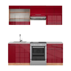 Complete keukeneenheid bordeaux hoogglans/gouden eik 200x60x81.6 fame-line Complete keukeneenheid bordeaux hoogglans/gouden eik 200x60x81.6 fame-line