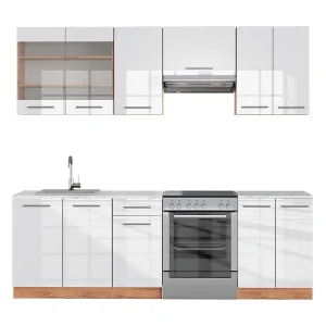 Complete keukeneenheid wit hoogglans/goud power eiken 240x60x81.6 fame-line Complete keukeneenheid wit hoogglans/goud power eiken 240x60x81.6 fame-line