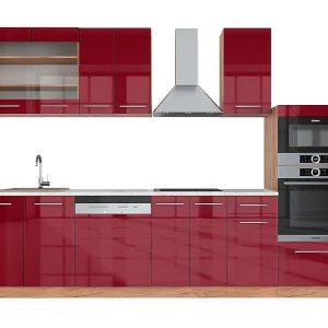 Complete keukeneenheid bordeaux hoogglans/gouden eik 300x60x81.6 fame-line