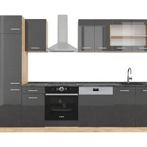 Complete keukeneenheid antraciet hoogglans/goud eiken 300x60x81.6 r-line Complete keukeneenheid antraciet hoogglans/goud eiken 300x60x81.6 r-line