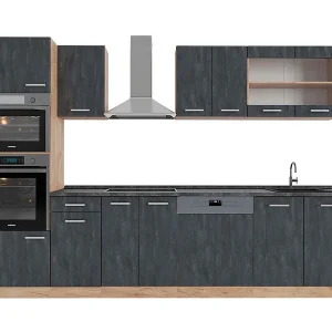 Complete keukeneenheid zwart beton/goud eiken 300x60x81.6 r-line