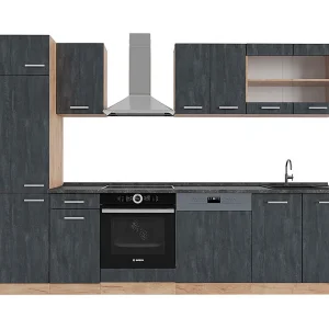 Complete keukeneenheid zwart beton/goud eiken 300x60x81.6 r-line Complete keukeneenheid zwart beton/goud eiken 300x60x81.6 r-line