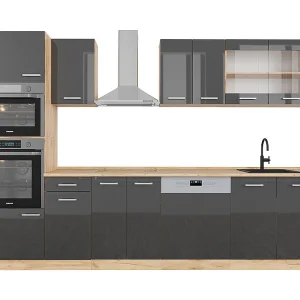 Complete keukeneenheid antraciet hoogglans/goud eiken 300x60x81.6 r-line Complete keukeneenheid antraciet hoogglans/goud eiken 300x60x81.6 r-line