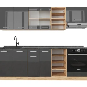 Complete keukeneenheid antraciet hoogglans/goud eiken 240x60x81.6 r-line