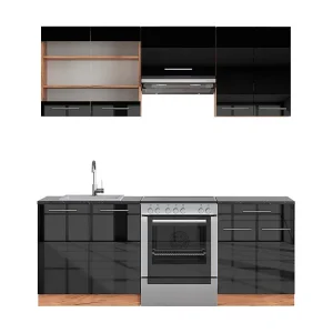 Complete keukeneenheid antraciet hoogglans/goud eiken 200x60x81.6 fame-line Complete keukeneenheid antraciet hoogglans/goud eiken 200x60x81.6 fame-line