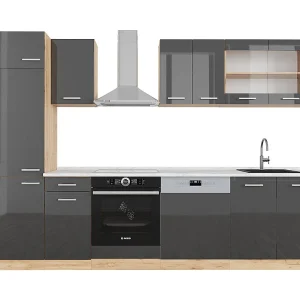 Complete keukeneenheid antraciet hoogglans/goud eiken 300x60x81.6 r-line Complete keukeneenheid antraciet hoogglans/goud eiken 300x60x81.6 r-line