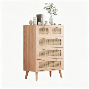Ladekast met 5 laden, rotan commode voor de slaapkamer, houten commode met gouden handgrepen, dressoir, 60 x 34 x 91 cm Ladekast met 5 laden, rotan commode voor de slaapkamer, houten commode met gouden handgrepen, dressoir, 60 x 34 x 91 cm